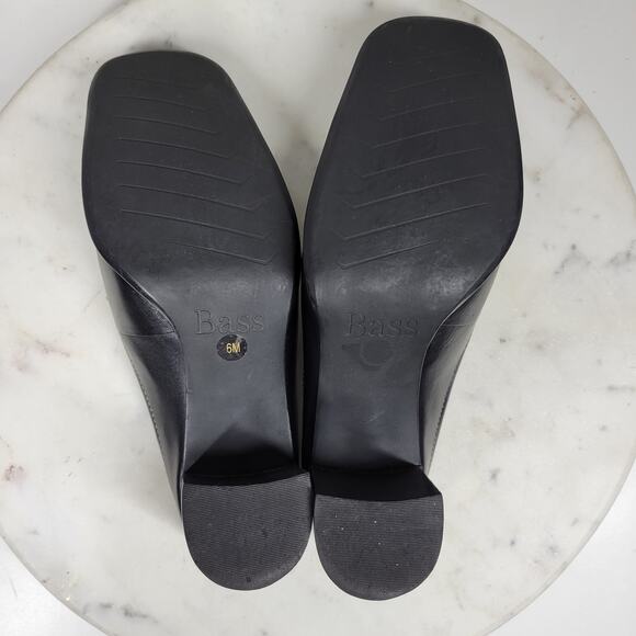 VTG Bass Artist Mules Womens 6 Black Leather Slip On Square Toe Block Heel 2003 - Picture 6 of 16